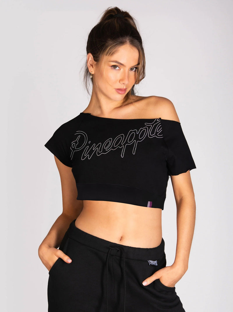 Pineapple Terry Fleece Off Shoulder Cropped Sweatshirt For Ladies-Black-BR14727