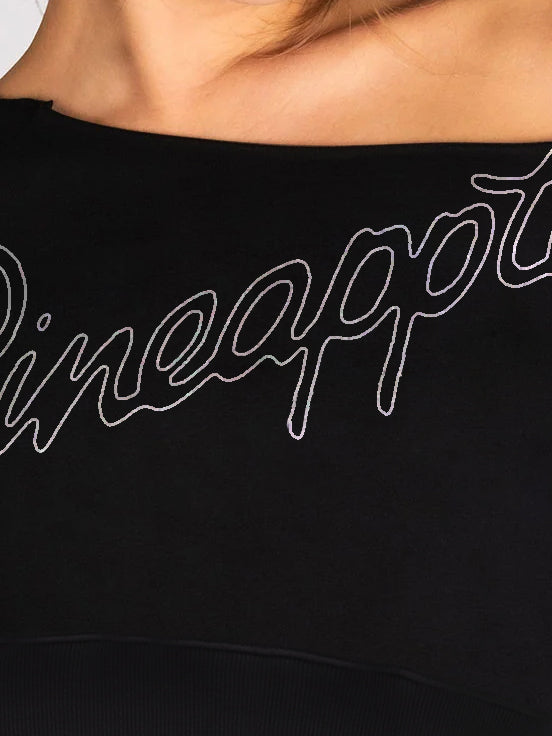 Pineapple Terry Fleece Off Shoulder Cropped Sweatshirt For Ladies-Black-BR14727
