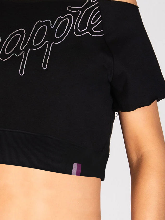 Pineapple Terry Fleece Off Shoulder Cropped Sweatshirt For Ladies-Black-BR14727