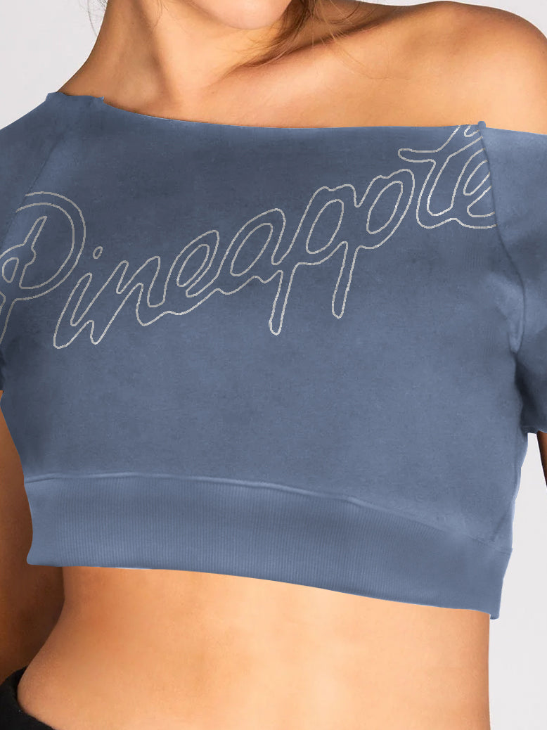 Pineapple Terry Fleece Off Shoulder Cropped Sweatshirt For Ladies-Blue Faded-BR14729