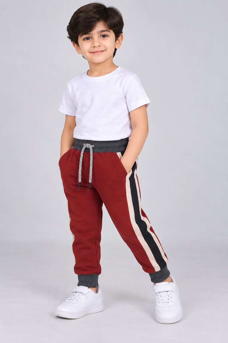 Kids Stylish Color Block Jogger Trouser-Maroon Red-MU49