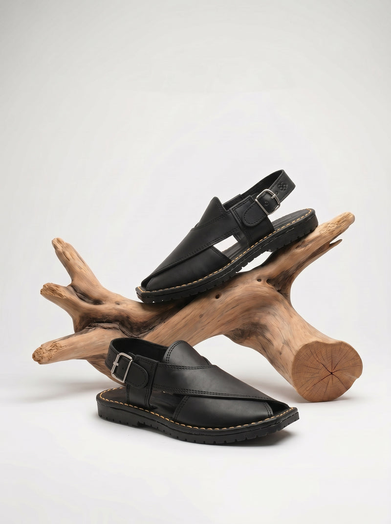 Men's Double Stitch Design Peshawari Chappal-Black-BE9001