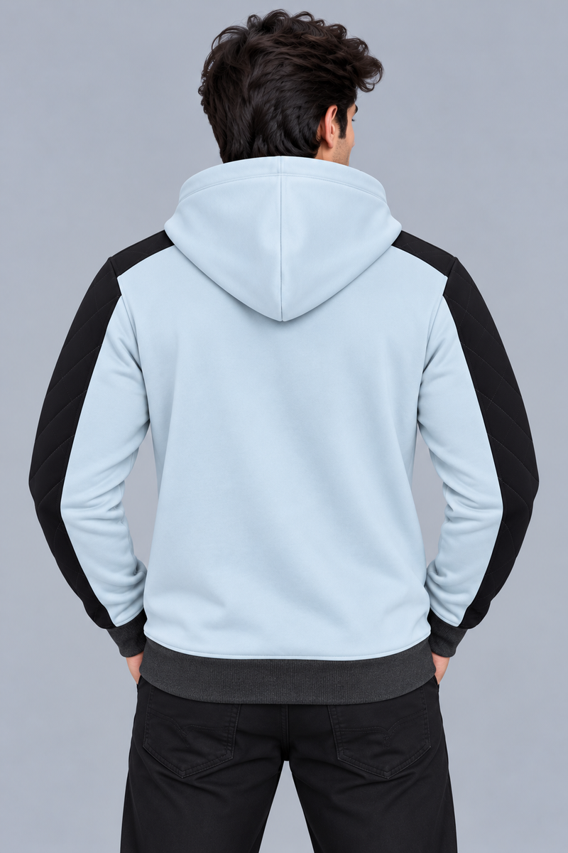 Premium Ice Blue & Black Quilted Color Block Zip-Up Hoodie-Ice Blue-MU39