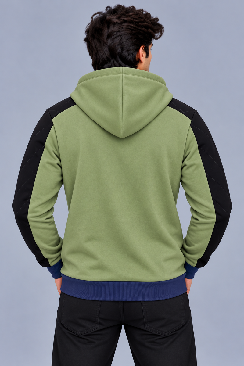 Premium Sage Green & Black Quilted Color Block Zip-Up Hoodie-Sage Green-MU45
