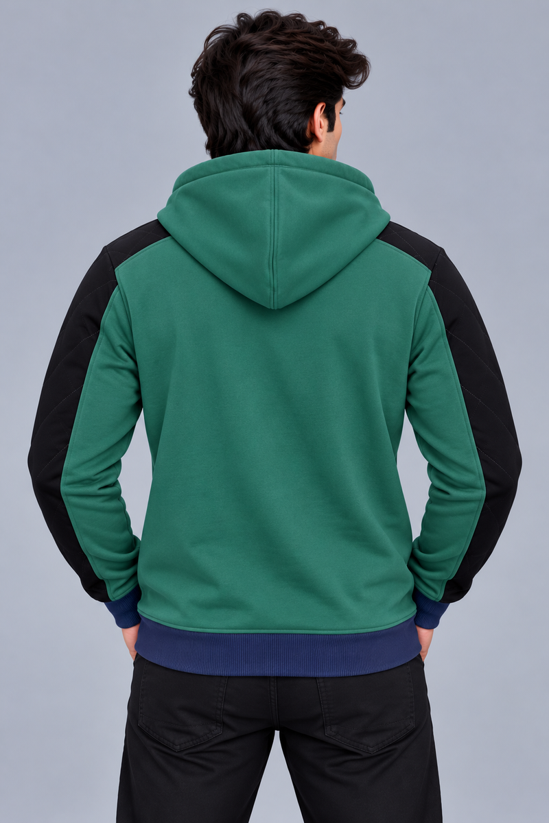 Premium Teal Green & Black Quilted Color Block Zip-Up Hoodie -Teal Green-MU44