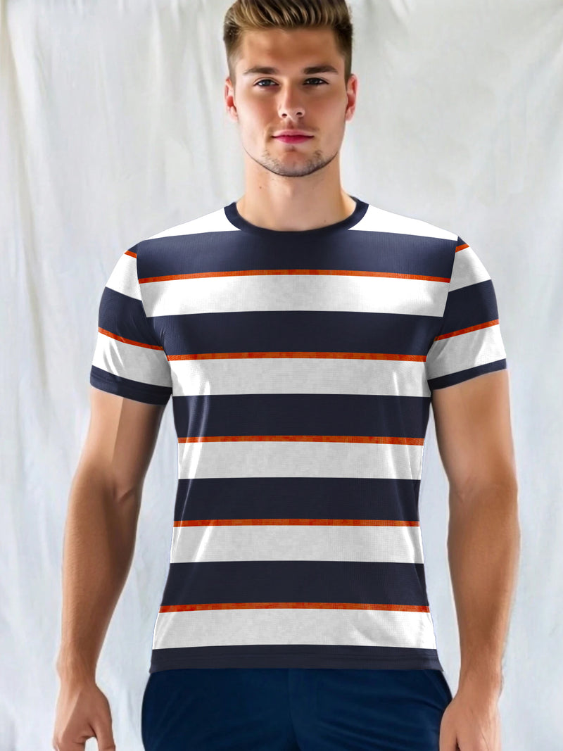 Nxt Single Jersey Crew Neck Tee Shirt For Men-White with Navy Stripe-BR13207