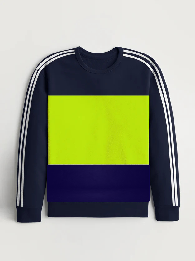 Premium Quality Crew Neck Fleece Sweatshirt For Men-Dark Navy With White Stripes-RT1676