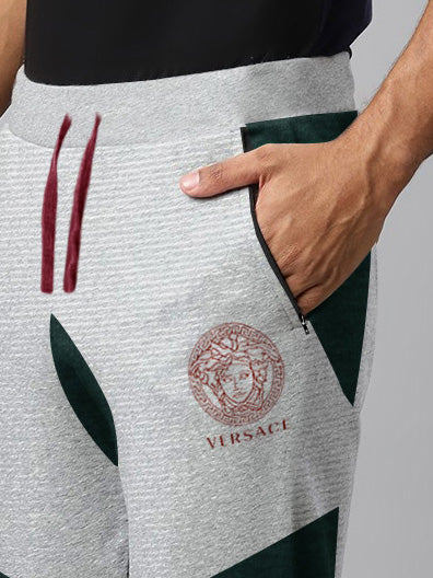 VERSACE Terry Fleece Jogger Sweatpant For Men-Grey Lining Melange with Green Panel-BR14606