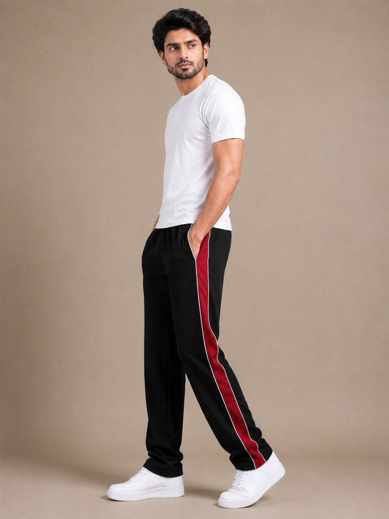 Stylish Regular Fit Summer Trouser For Men-Black With Red Stripers-A04