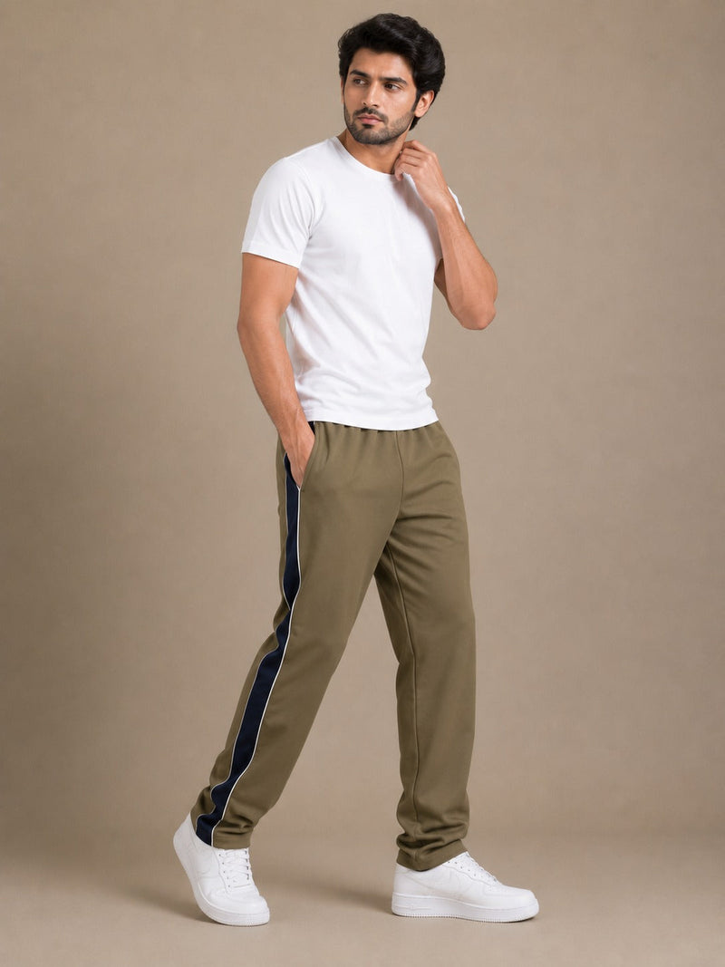 Stylish Regular Fit Summer Trouser For Men-Olive With Navy Stripers-A05