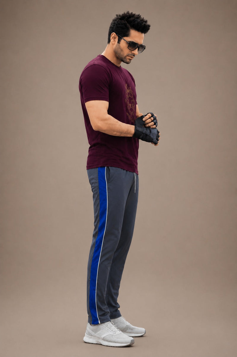 Stylish Regular Fit Summer Trouser For Men-Charcol With Royal blue & White Stripers-A08