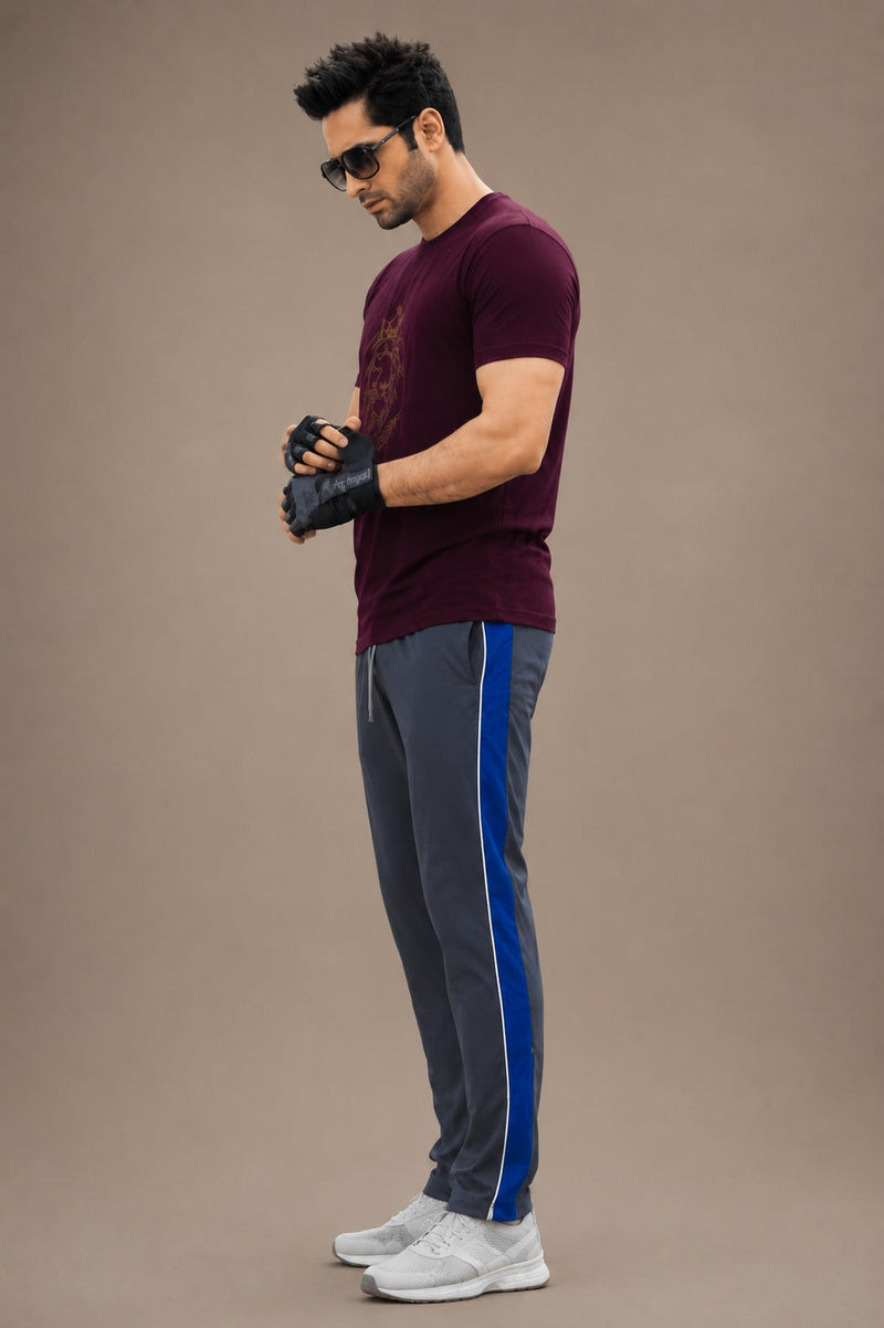 Stylish Regular Fit Summer Trouser For Men-Charcol With Royal blue & White Stripers-A08