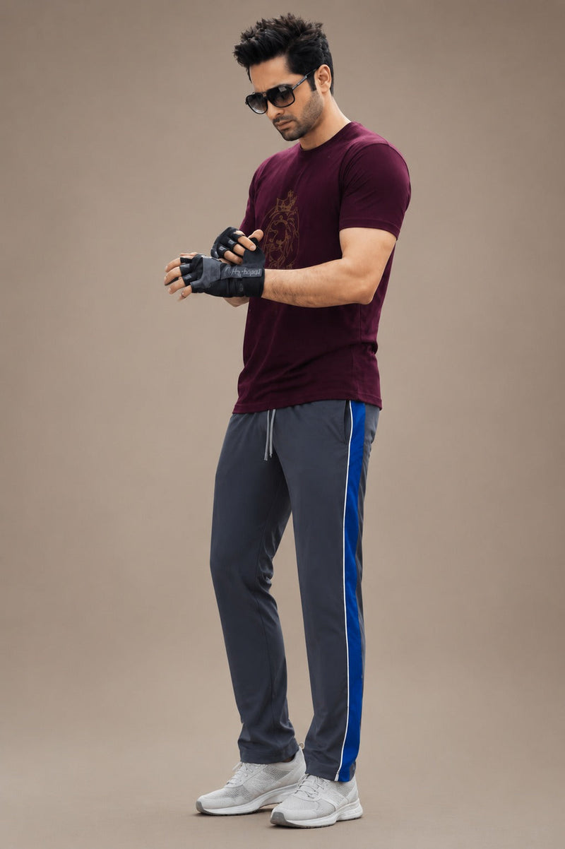 Stylish Regular Fit Summer Trouser For Men-Charcol With Royal blue & White Stripers-A08