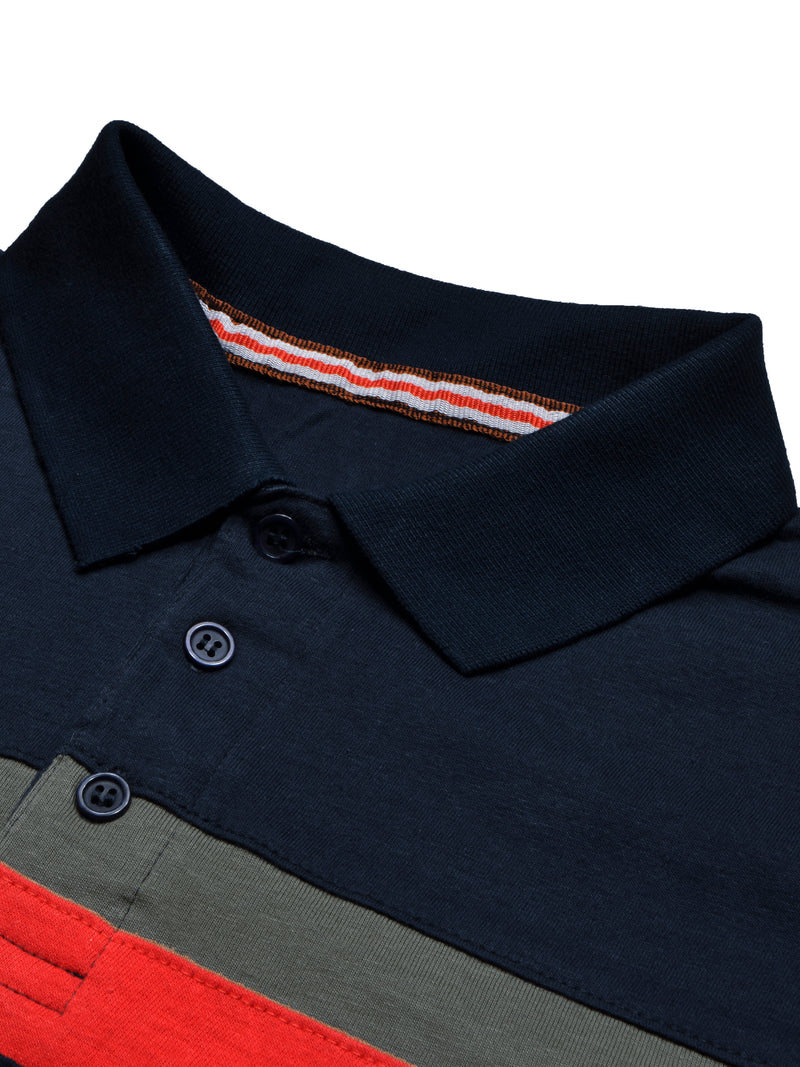 NXT Summer Polo Shirt For Men-Dark Navy With Red & Olive Stripe-BR12944