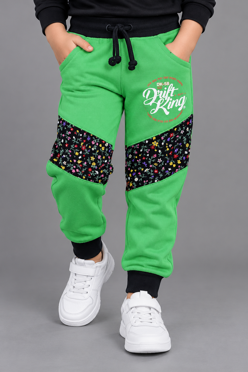 Kids Boys Green Floral Panel Fleece Jogger Trouser – Stylish & Comfortable Wear-MU419