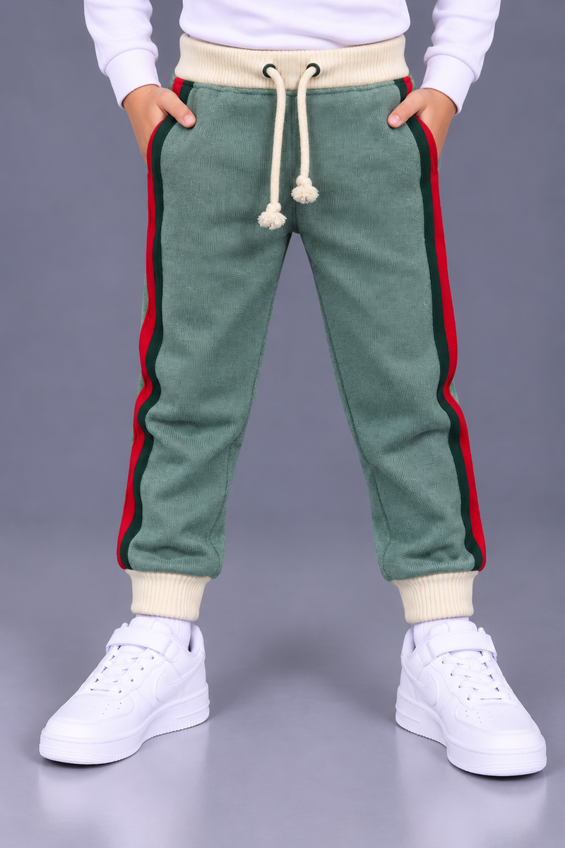 Kids’ Teal Green Jogger Trouser with Red & Dark Green Side Stripes – Cream Ribbed Cuffs & Drawstring Waist-MU187