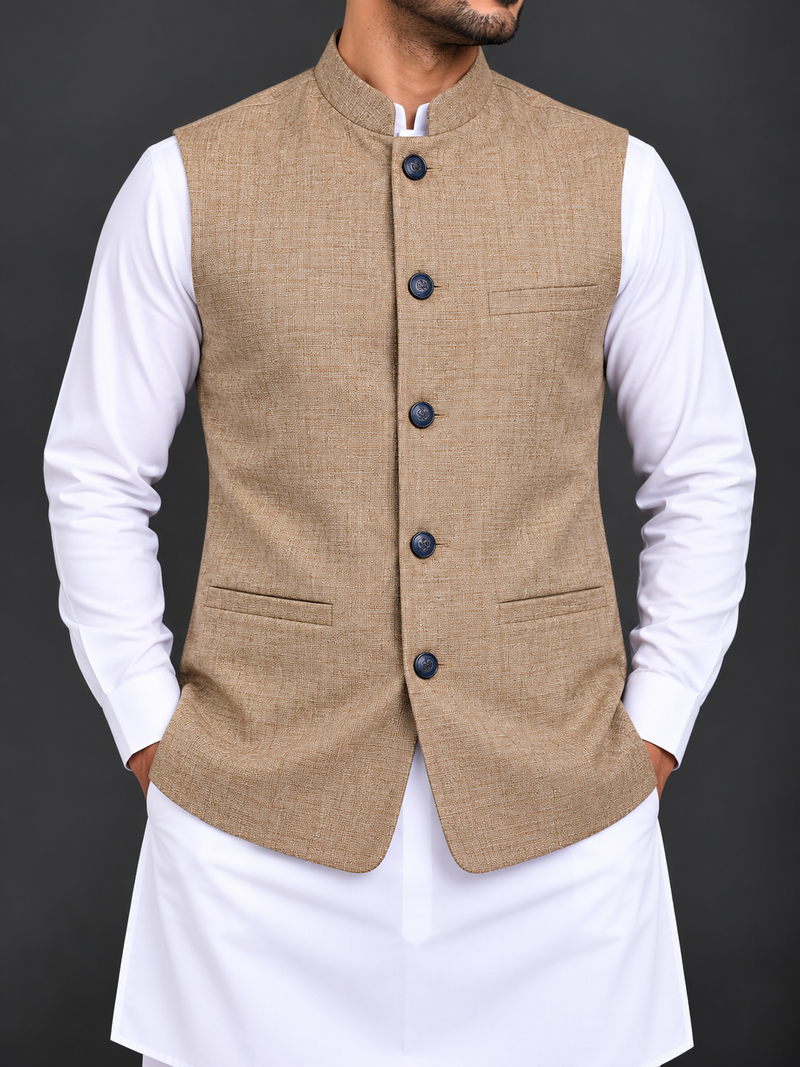 Men’s Premium Textured Beige Waistcoat – Classic Formal & Traditional Style-M$28