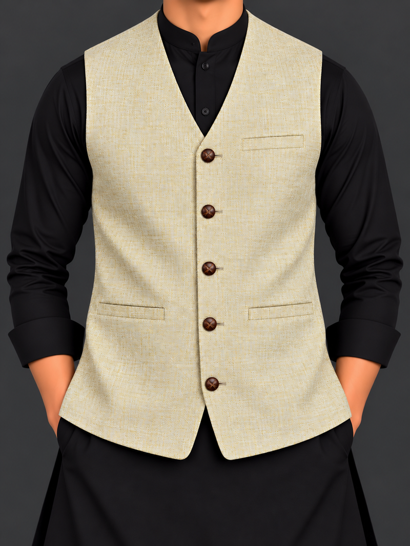 Men’s Premium Golden Beige Textured Waistcoat – Classic Formal Style-M$04