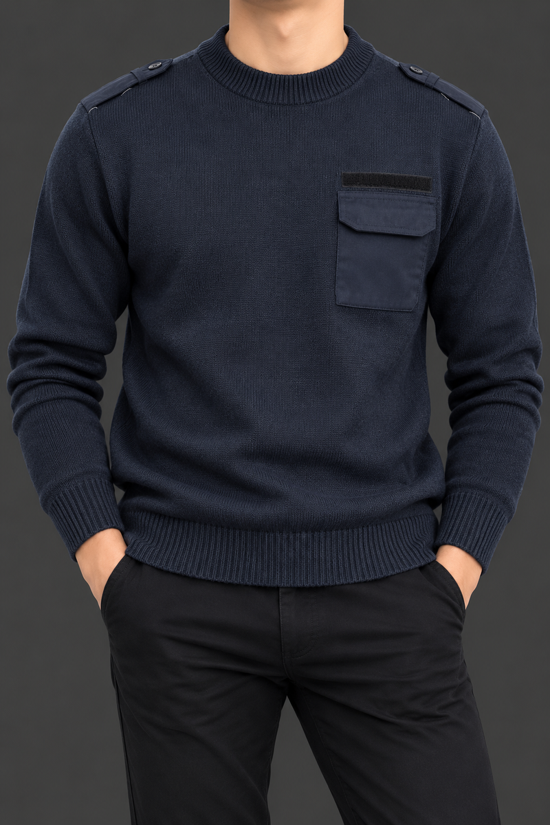 Men’s Navy Blue Military-Style Knit Sweater with Shoulder Epaulettes & Chest Pocket – Premium Winter Wear-MU363