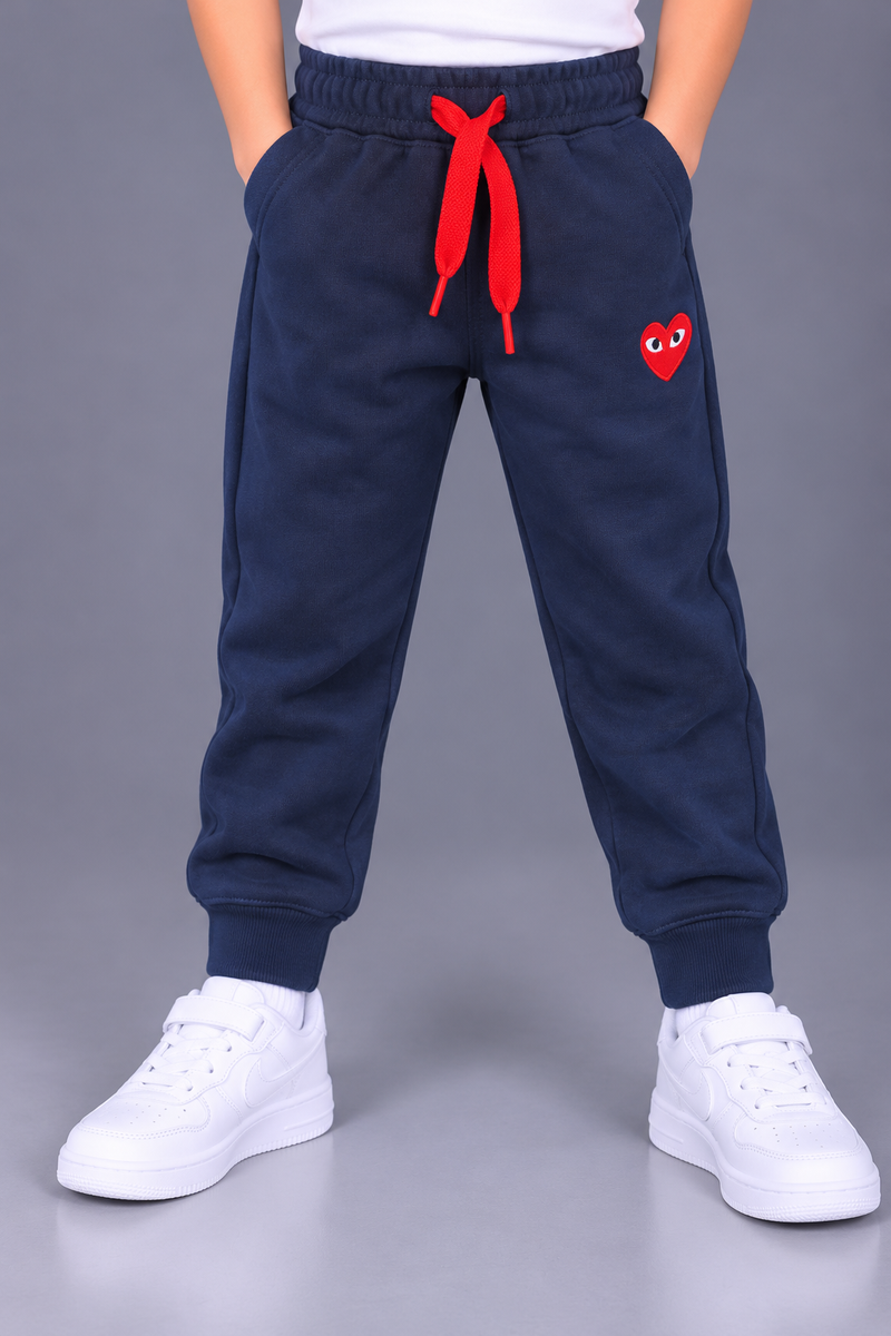 Kids’ Navy Blue Jogger Trouser with Red Drawstring & Heart Eye Patch – Ribbed Cuffs-MU184