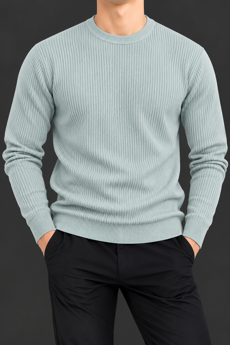Men’s Mint Green Ribbed Full Sleeve T-Shirt – Classic Round Neck Casual Wear-MU381