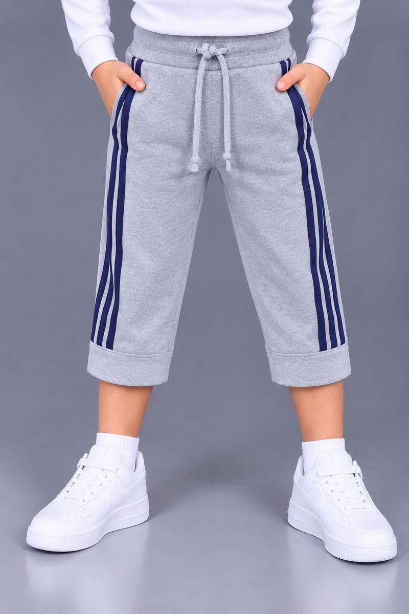 Kids’ Light Grey Shorts with Navy Blue Side Stripes – Adjustable Drawstring Waist-MU191
