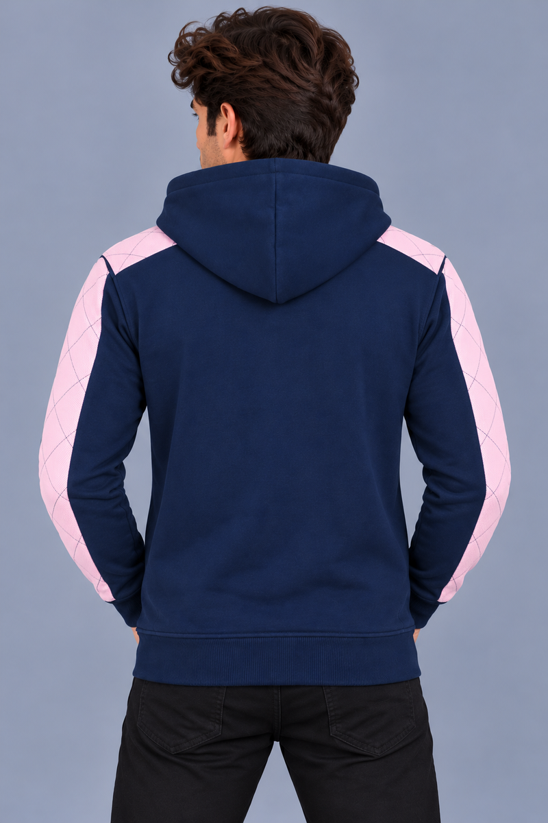 Men’s Navy Blue Hoodie with Pink Quilted Shoulder & Sleeve Panels-MU305