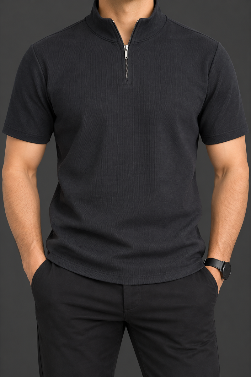 Men’s Jet Black Half-Zip Collar T-Shirt – Short Sleeve Ribbed Casual Top-MU389