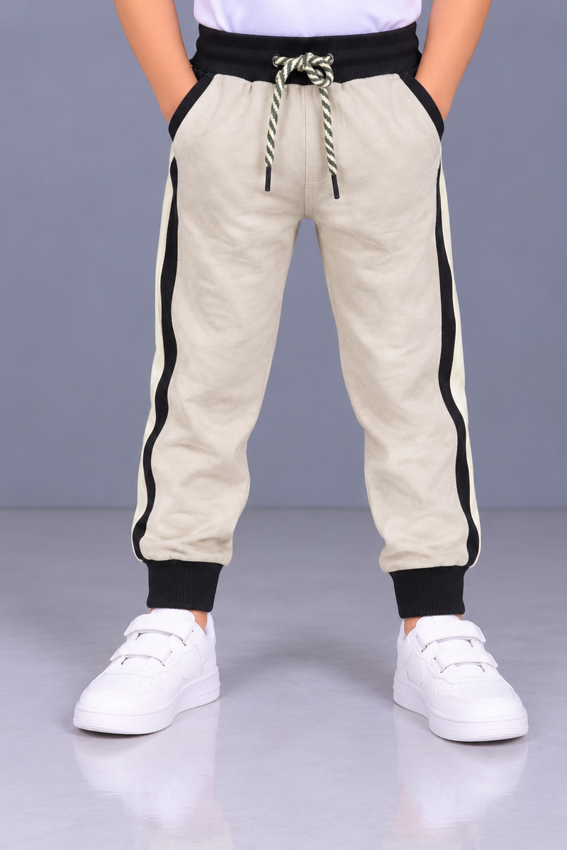 Kids’ Cream Jogger Trouser with Black Side Panels & Ribbed Cuffs-MU146
