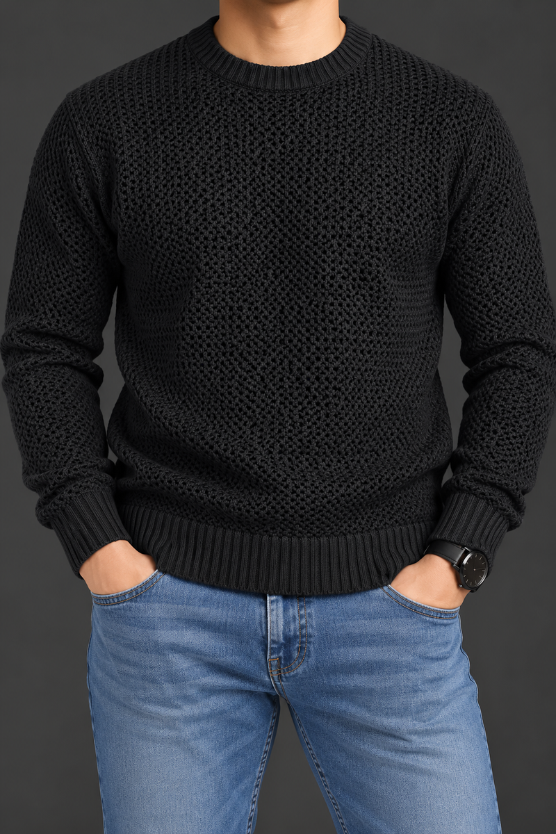 Men’s Jet Black Textured Knit Sweater – Crew Neck Full Sleeve Winter Pullover-MU404