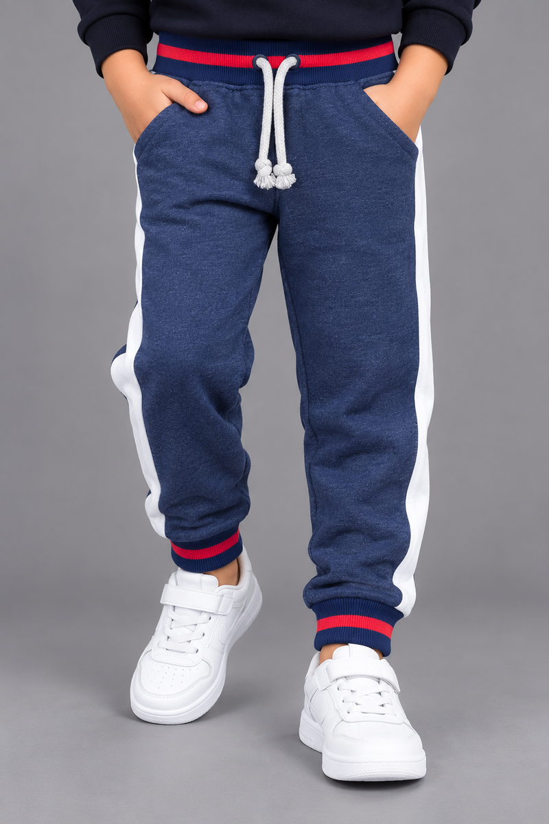 Kids Boys Navy Blue Fleece Jogger Trouser with White Side Stripes – Winter Wear-MU420