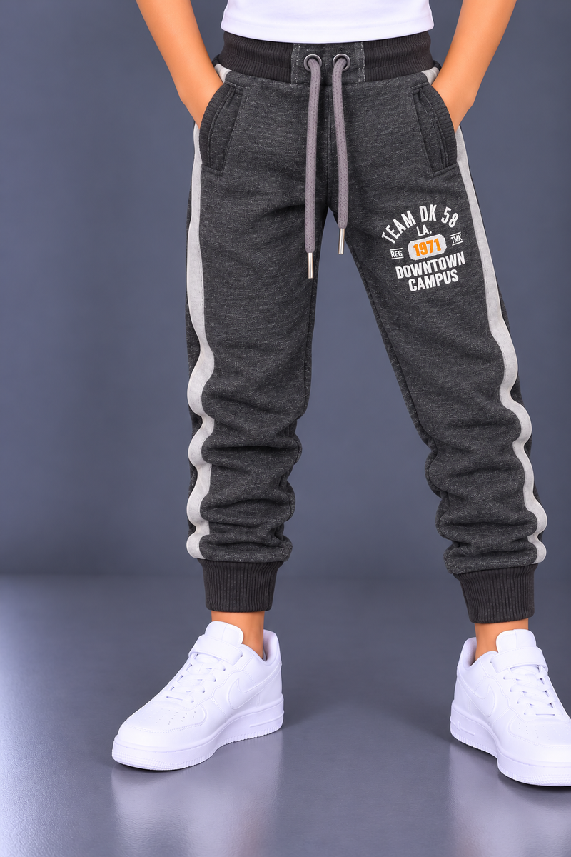 Boys Charcoal Grey Melange Fleece Jogger Trouser with Contrast Side Panels-MU333