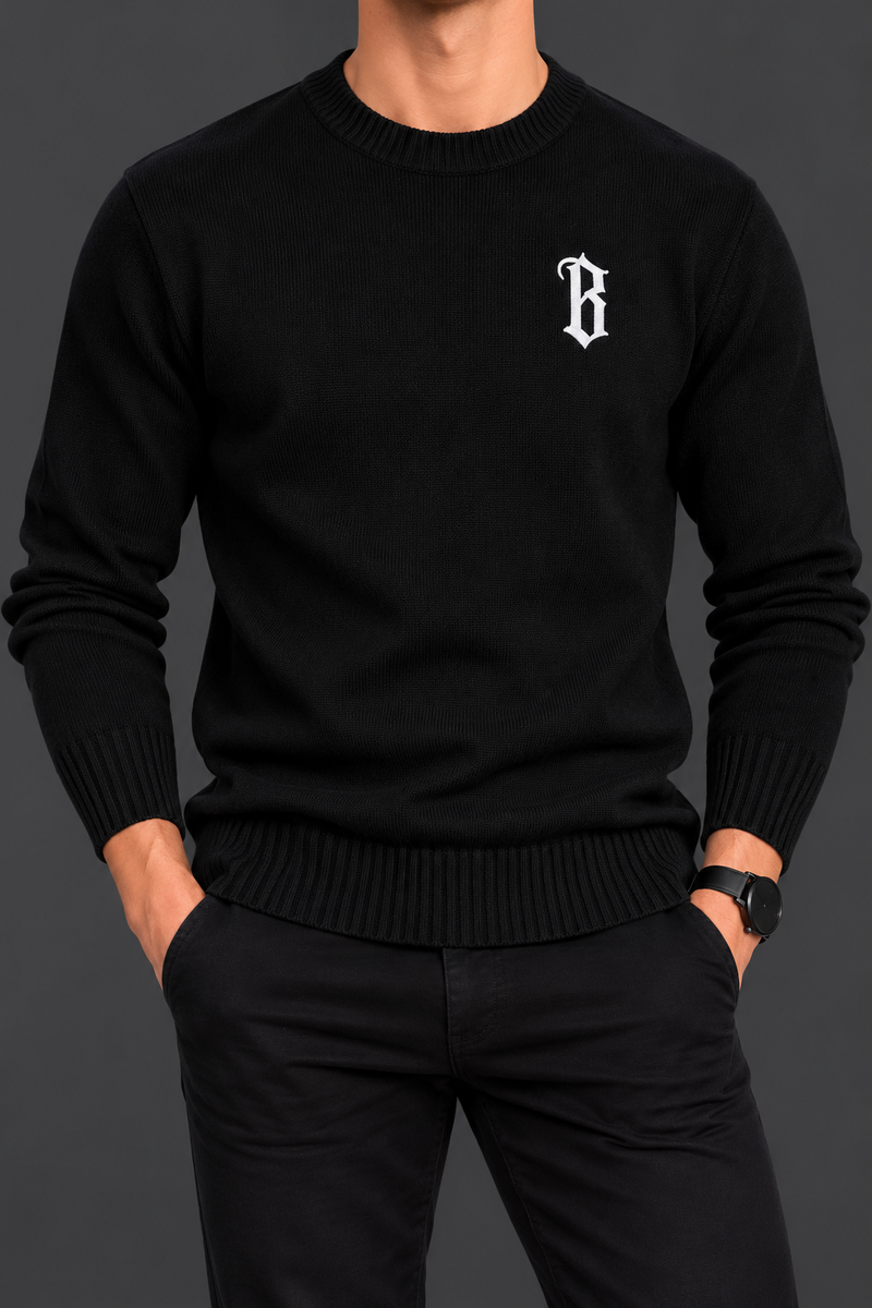 Men’s Jet Black Ribbed Knit Sweater with White Gothic B Logo – Premium Winter Wear-MU356