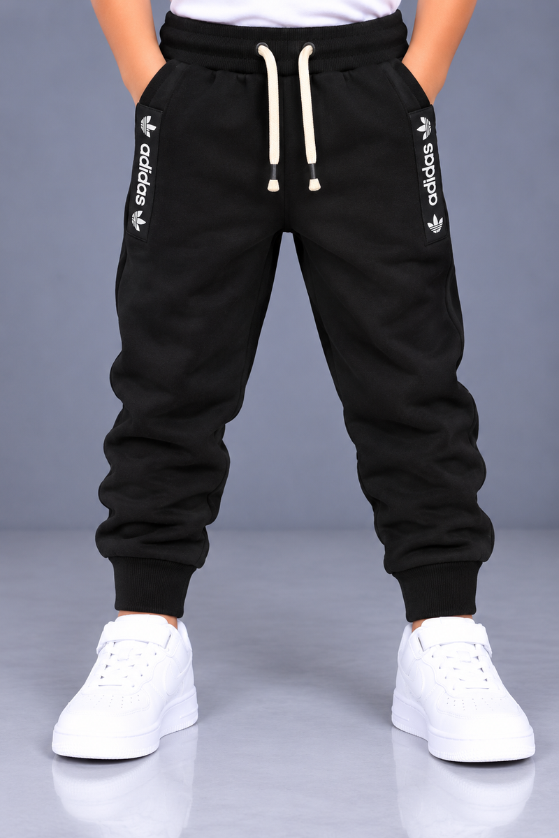 Kids Stylish Black Jogger Trouser with White Adidas Side Tape & Cream Drawstring-MU126