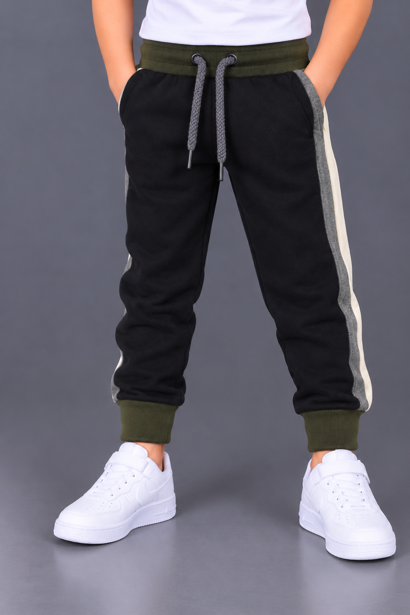 Kids Black Fleece Jogger Trouser with White& Grey Side Panel-MU281