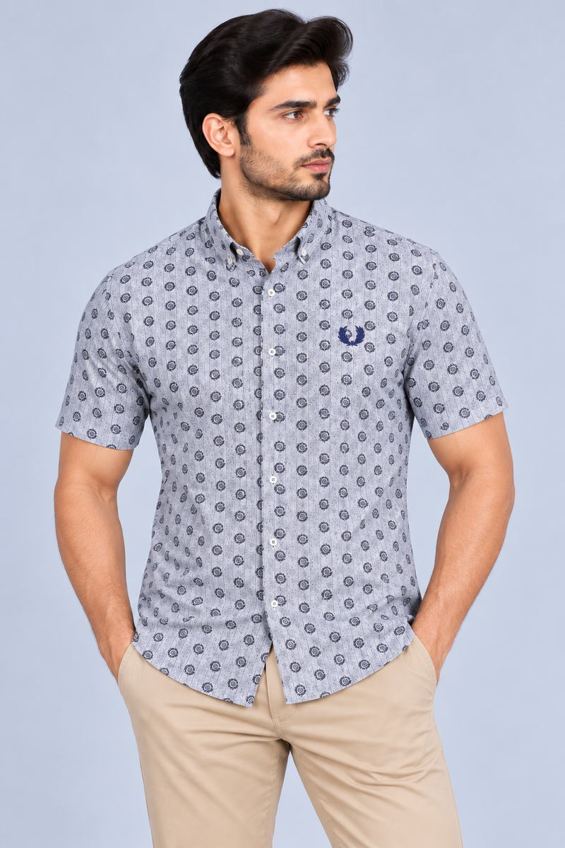 SS Premium Casual Shirt For Men-Light Blue with Allover Print-BE1434