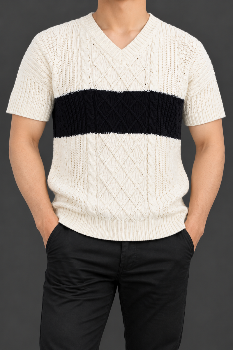 Men’s Cable Knit Striped V-Neck Sweater – Cream & Black-MU441