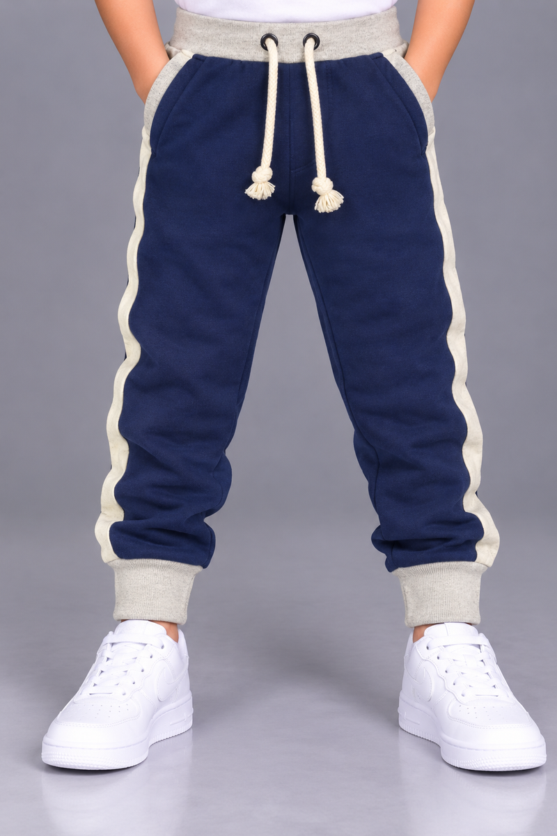 Kids Navy Blue Jogger Trouser with Cream Side Panels & Grey Ribbed Cuffs-MU131