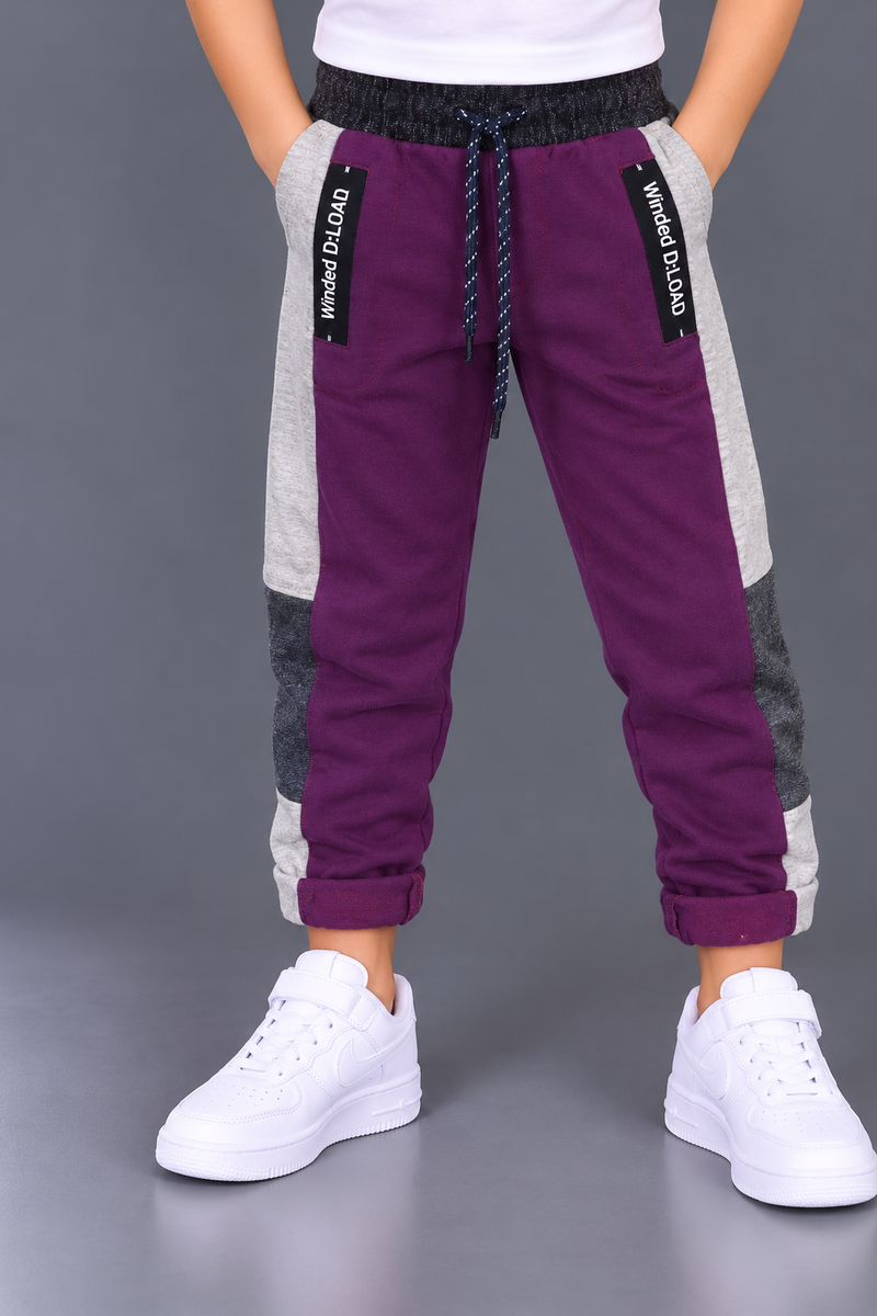 Kids Purple & Grey Color-Block Joggers – Stylish Casual Track Pants-MU321
