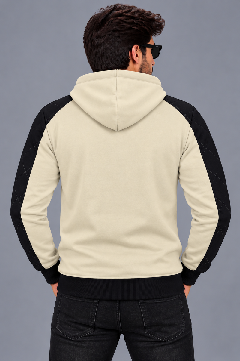 Men’s Ivory & Black Quilted Sleeve Zip-Up Hoodie – Stylish Winter Wear-MU300