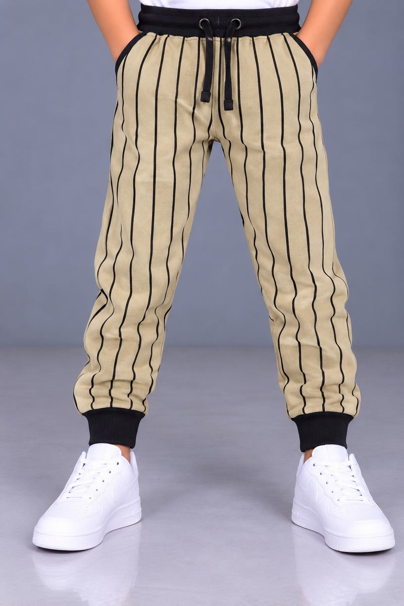 Kids’ Beige Pinstripe Jogger Trouser with Black Vertical Stripes – Black Ribbed Waistband & Cuffs-MU144