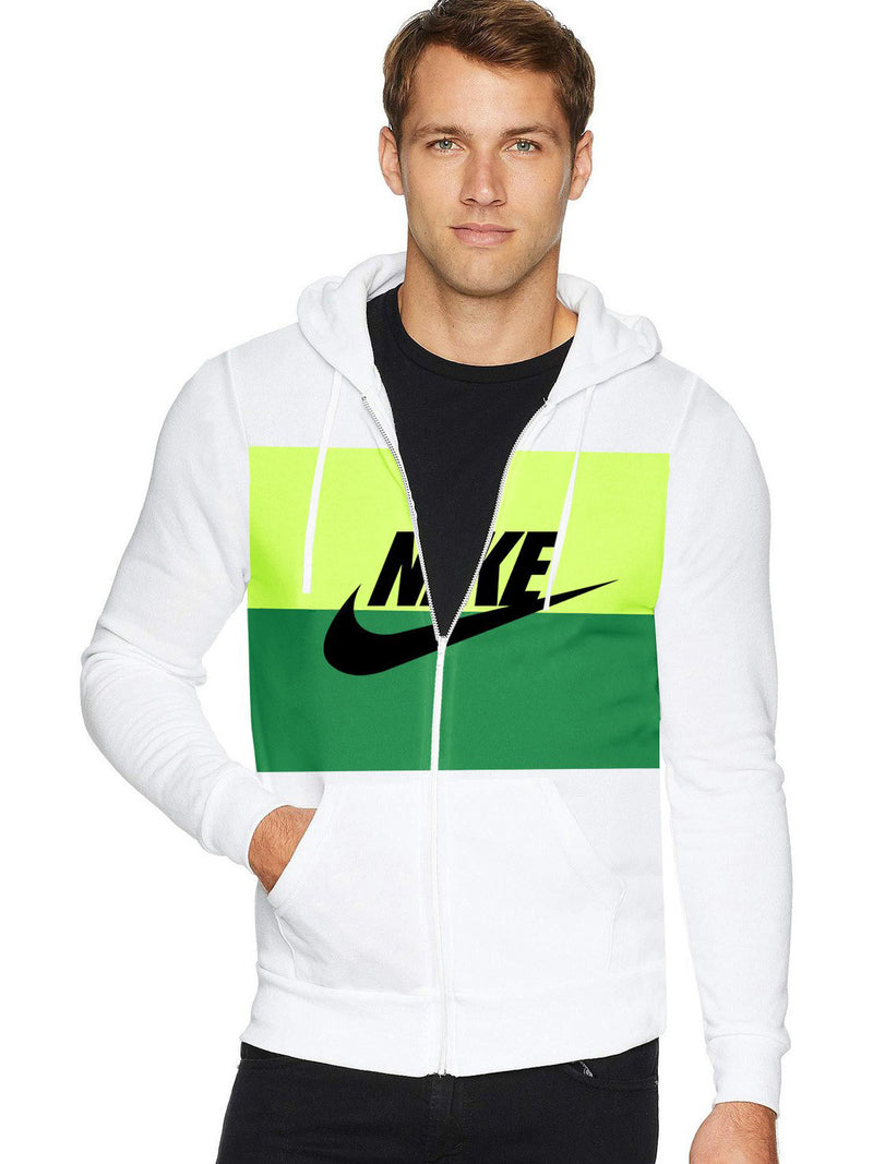 NK Fleece Zipper Hoodie For Men-White with Green Panels-BR14345