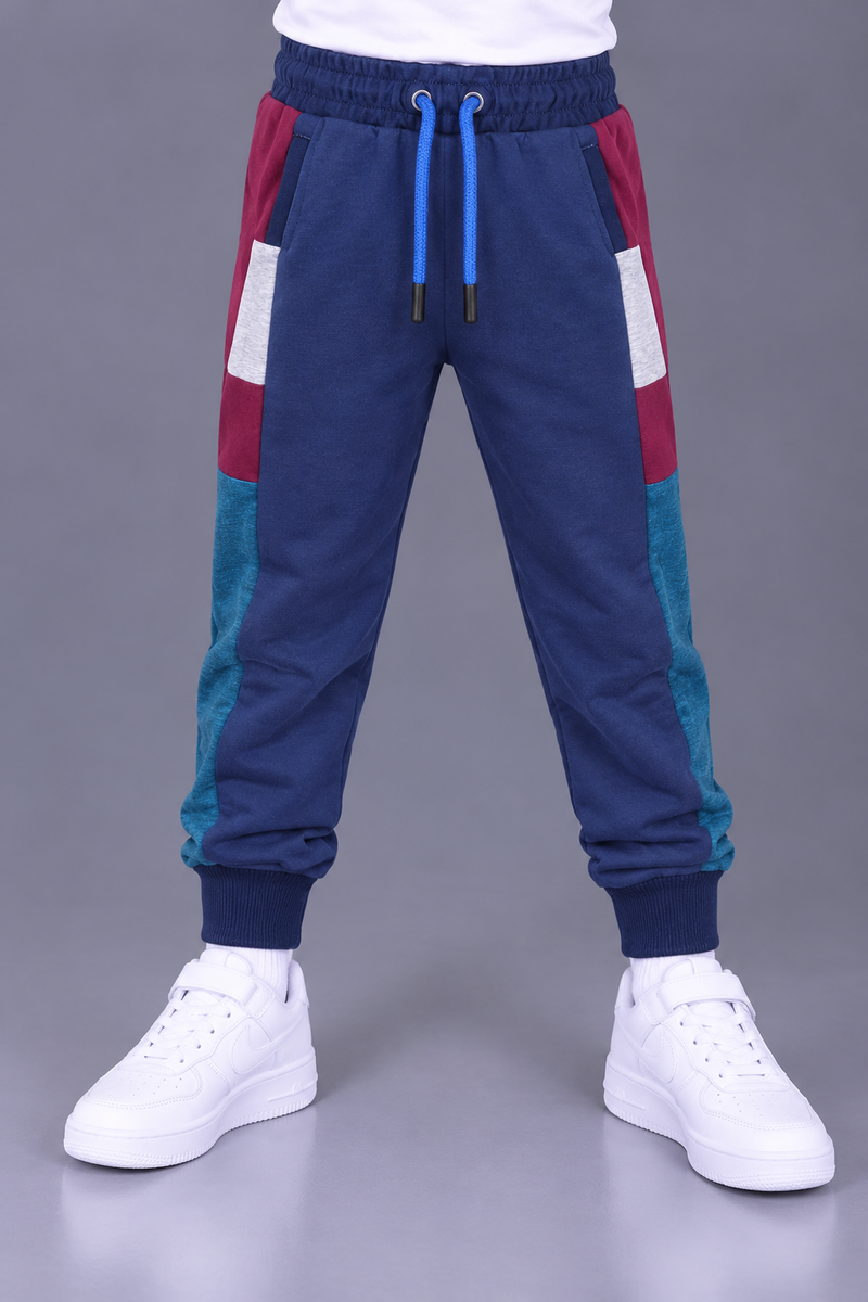 Kids Colourblock Fleece Trouser – Navy Blue, Teal & Maroon-MU194