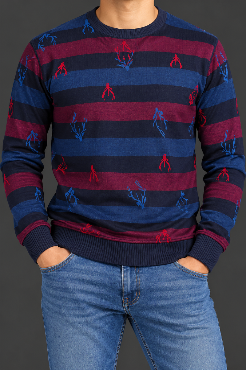 Men’s Striped Printed Knit Sweater – Full Sleeve Crew Neck Winter Pullover | Navy Blue & Burgundy-MU405