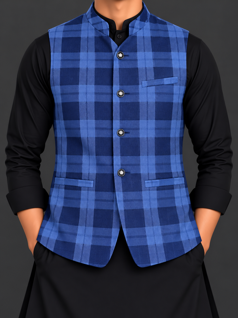 Men’s Premium Blue Checkered Waistcoat – Classic Stand Collar-M$05