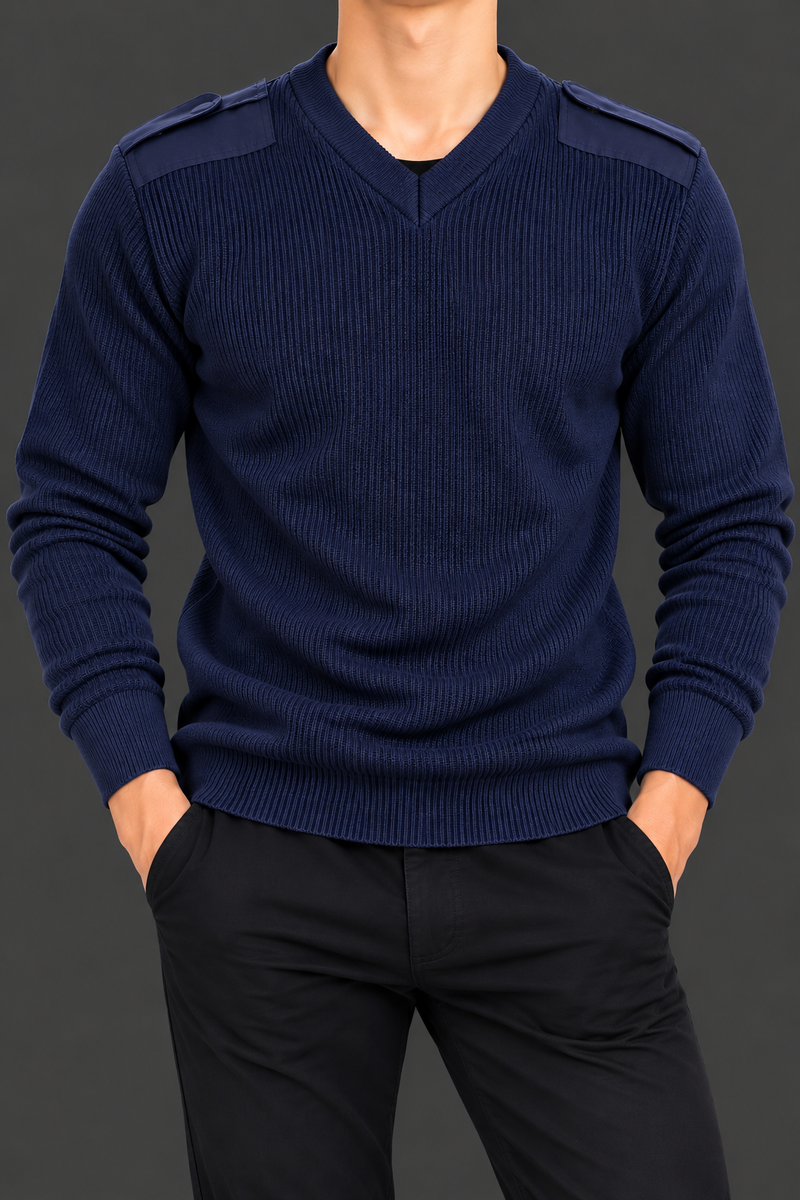 Men’s Dark Navy Blue Ribbed V-Neck Sweater with Shoulder Epaulettes – Premium Winter Wear-MU369