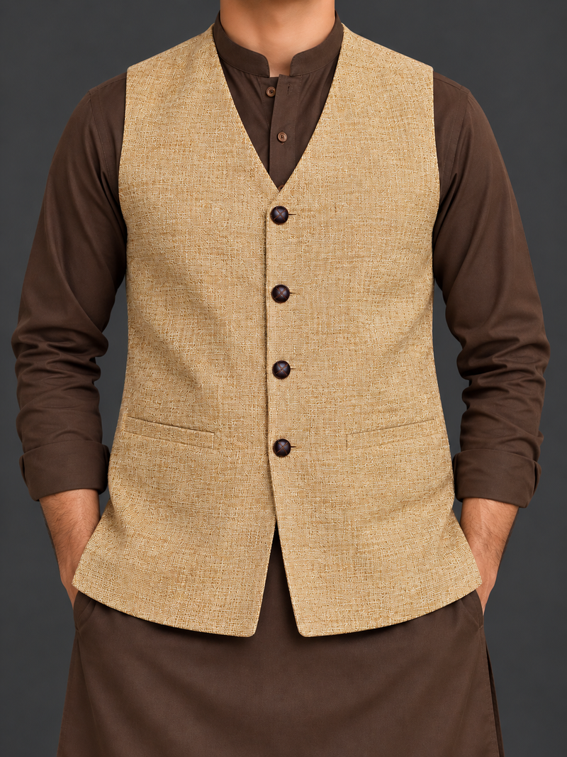 Men’s Premium Golden Textured Waistcoat – Classic Ethnic Style-MU484