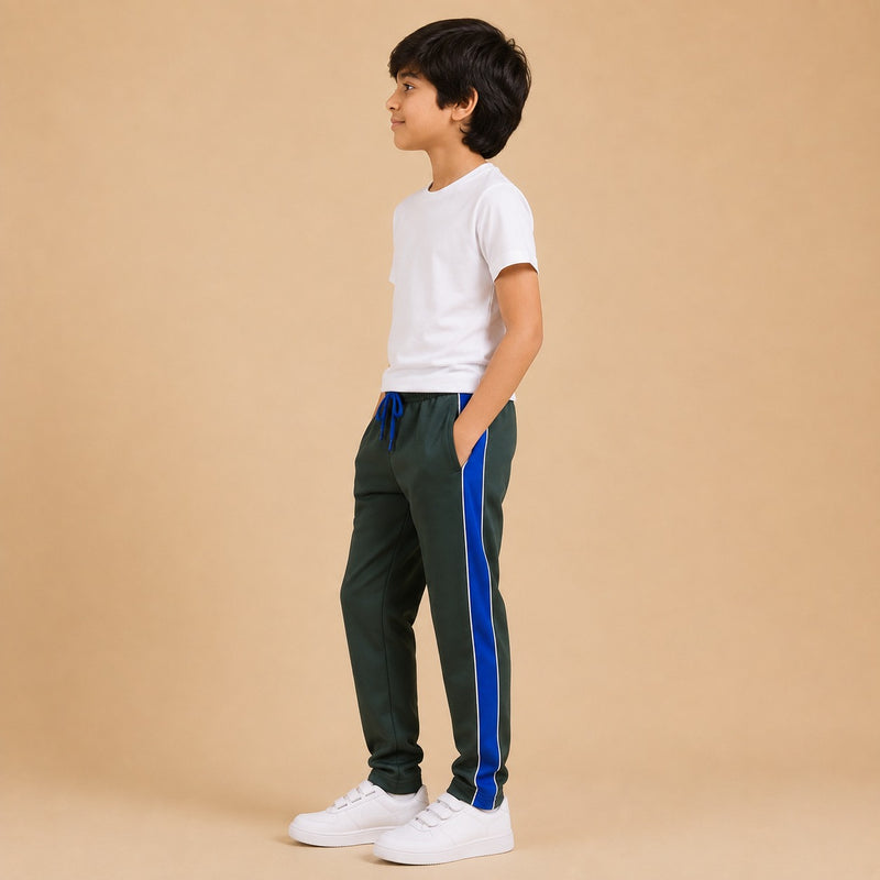 Kids Premium Track Pants – Dark Green with Royal Blue Side Panel ah2