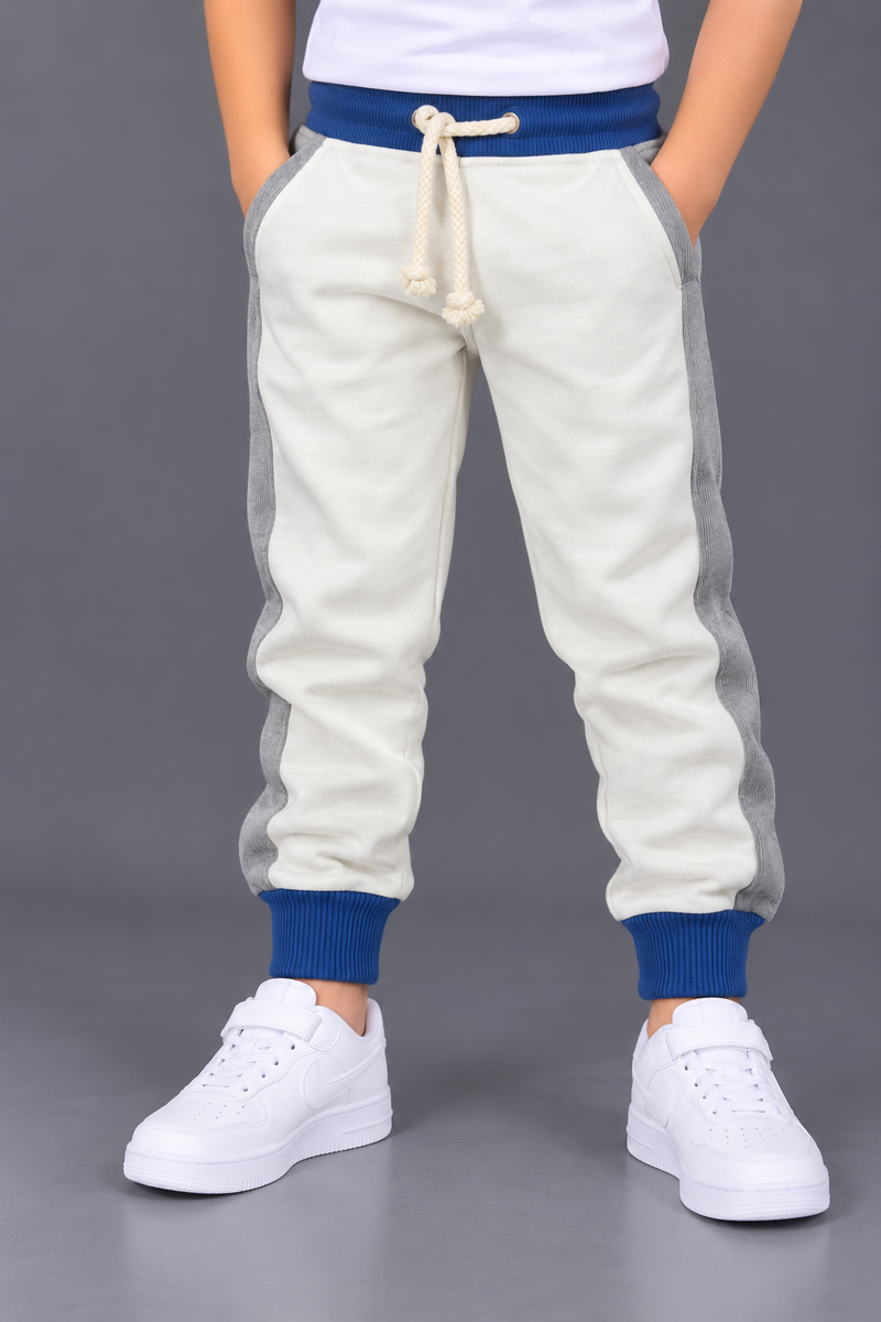 Boys Ivory White Fleece Jogger Trouser with Blue Ribbed Cuffs & Grey Side Panels-MU277