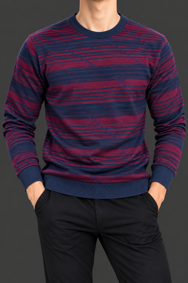 Men’s Burgundy & Navy Blue Striped Knit T- Shirt – Full Sleeve Crew Neck Winter Wear-MU371